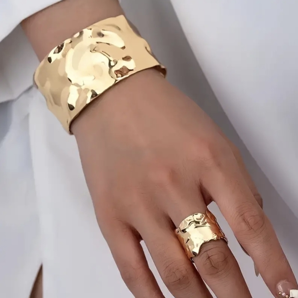 Metallic Gold Bangle Bracelet Matching Ring Set